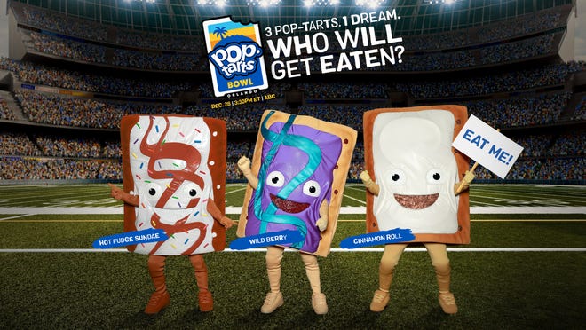Pop-Tarts presenta Frosted Cinnamon Roll como su tercera mascota comestible para competir contra Frosted Hot Fudge Sundae y Frosted Wild Berry en el Pop-Tarts Bowl 2024.